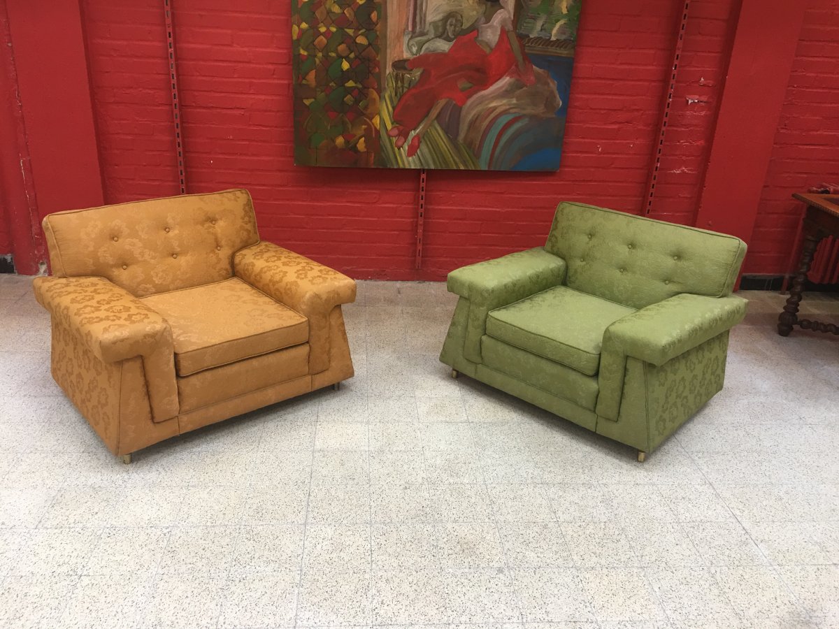 Rares Fauteuils Vintage Avec Leur Tissu d'Origine, Origine Usa Circa 1950-photo-3