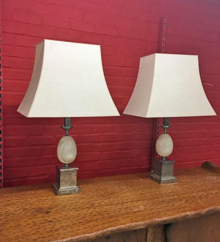 Pair Of Elegant Lamps By Philippe Barbier, Nickeled Bronze And Travertine, Circa 1960/1970-photo-3