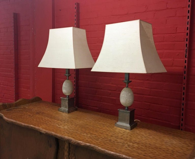 Pair Of Elegant Lamps By Philippe Barbier, Nickeled Bronze And Travertine, Circa 1960/1970-photo-2
