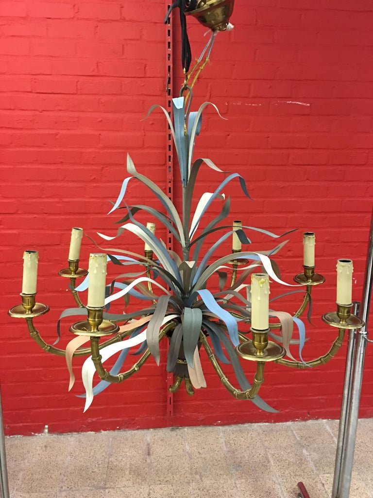 Maison Baguès, Large Chandelier In Gilt Bronze And Lacquered Metal Eight Lights Circa 1950/1960-photo-4