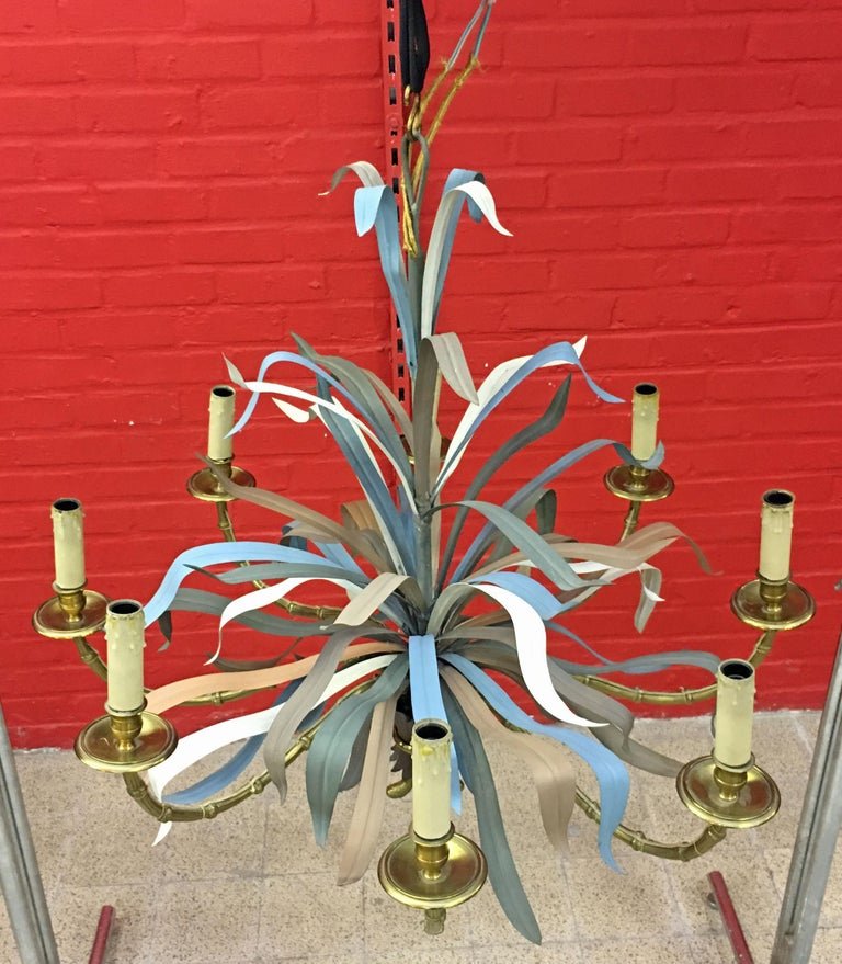 Maison Baguès, Large Chandelier In Gilt Bronze And Lacquered Metal Eight Lights Circa 1950/1960-photo-1