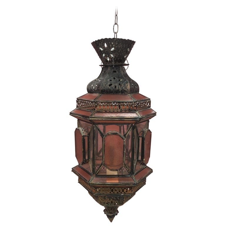 Oriental Style Lantern In Antique Copper, White And Orange Glass Circa 1970