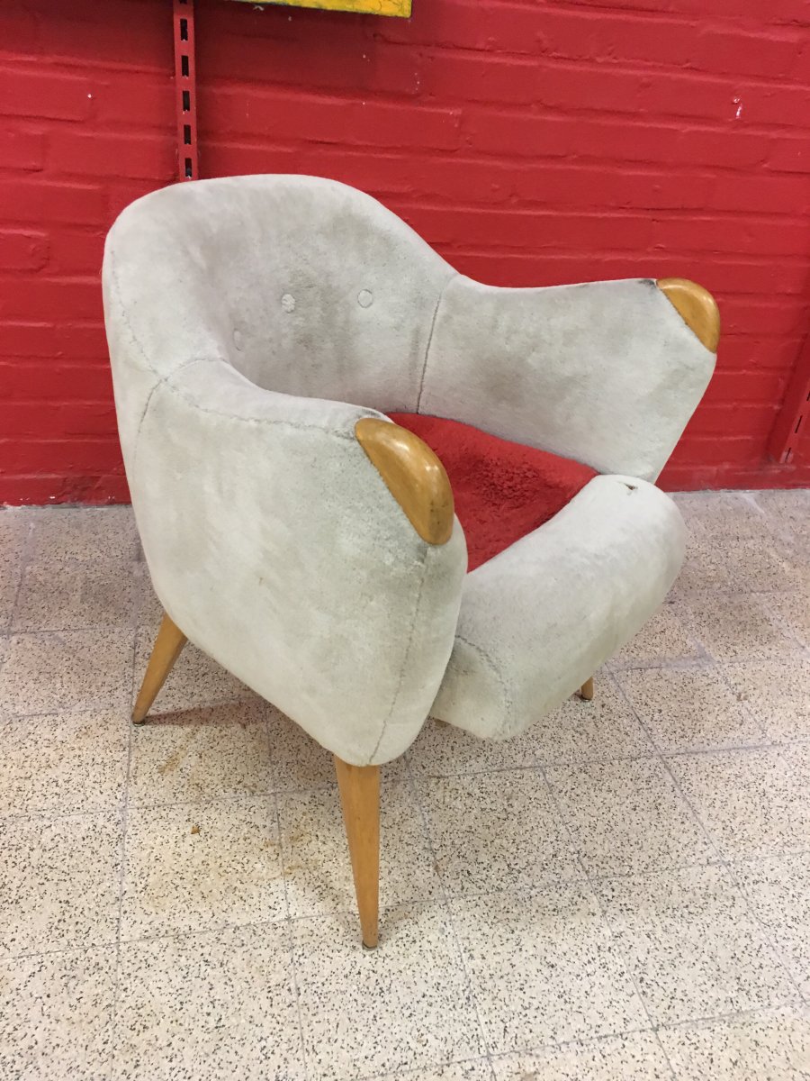 Henri Caillon, Rare Armchair In Wood And Velvet, Edition Erton Circa 1950-photo-8