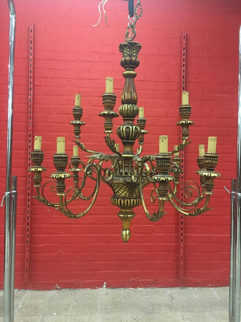 Large Chandelier In Wood And Golden Wood Illuminating 12 Lights Circa 1950-photo-2