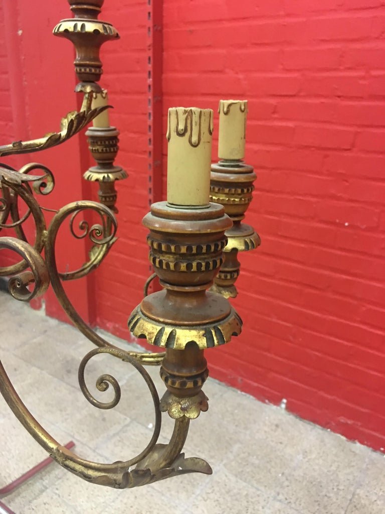 Large Chandelier In Wood And Golden Wood Illuminating 12 Lights Circa 1950-photo-2