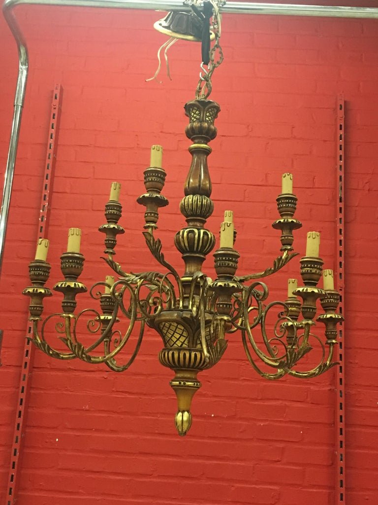 Large Chandelier In Wood And Golden Wood Illuminating 12 Lights Circa 1950-photo-3