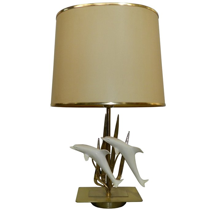 Vintage Lamp With Dolphins In Brass And Composite Materials Circa 1970