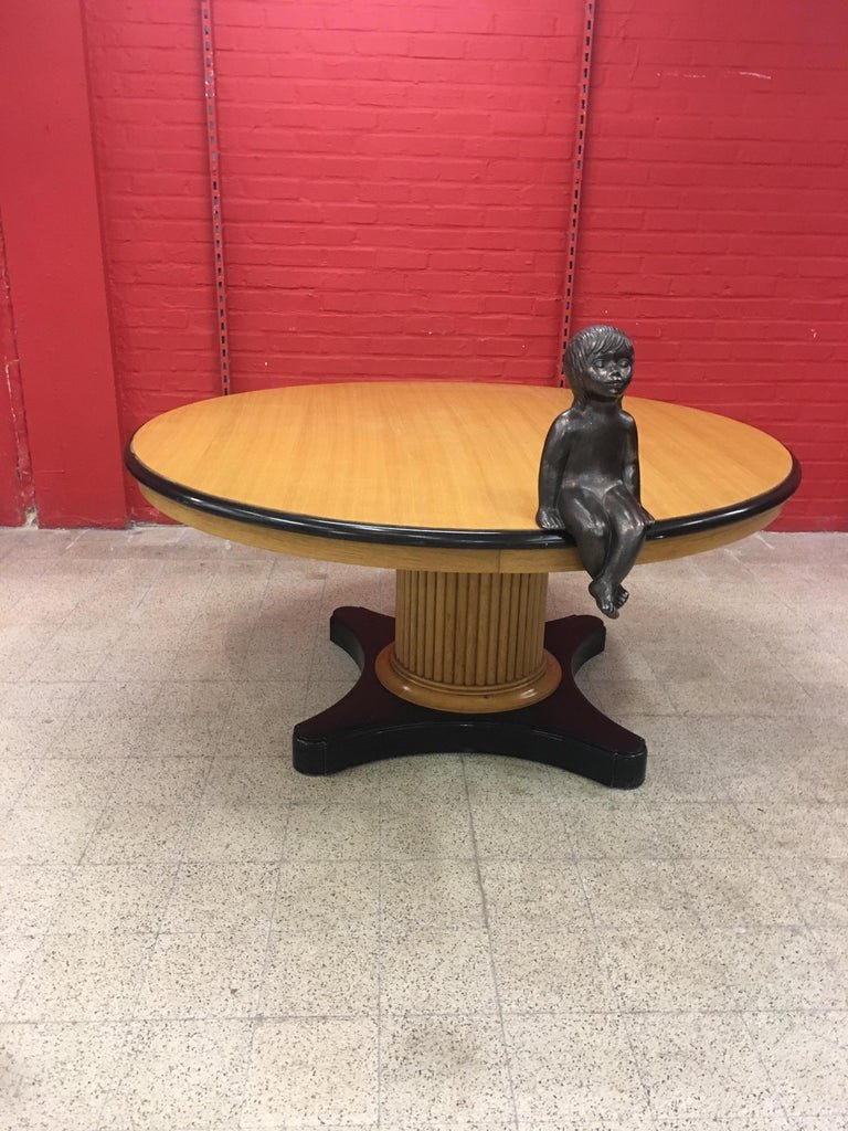 Large Pedestal Table In Light Oak And Blackened Oak Circa 1940/1950 Attributed To Decoene Freres-photo-3