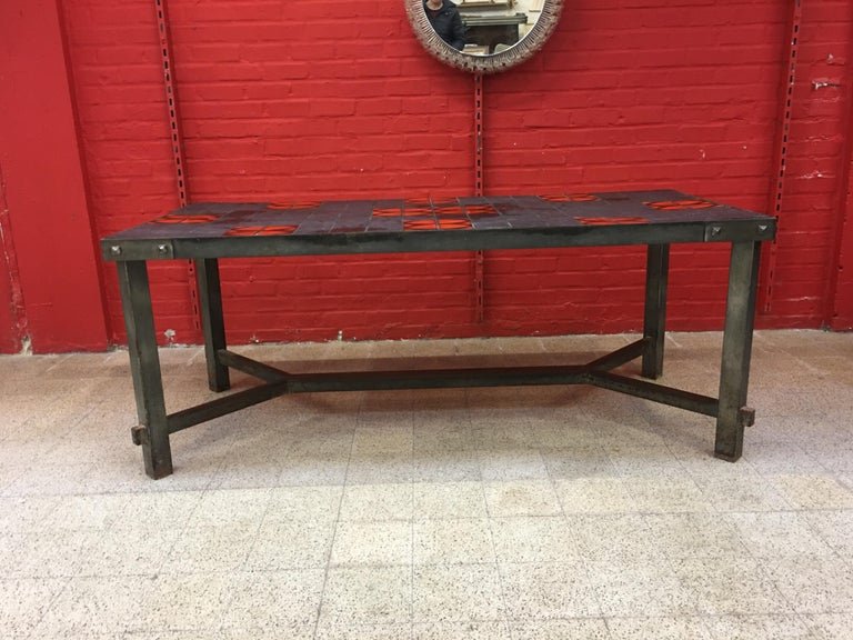 Large 1950 Table In The Taste Of Jacques Adnet, Metal, Slate And Ceramic, Circa 1950-photo-3