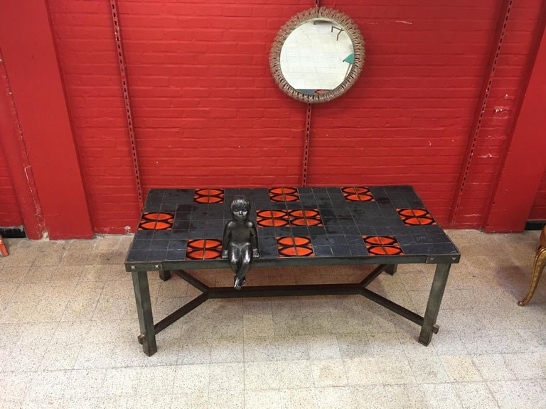 Large 1950 Table In The Taste Of Jacques Adnet, Metal, Slate And Ceramic, Circa 1950-photo-1