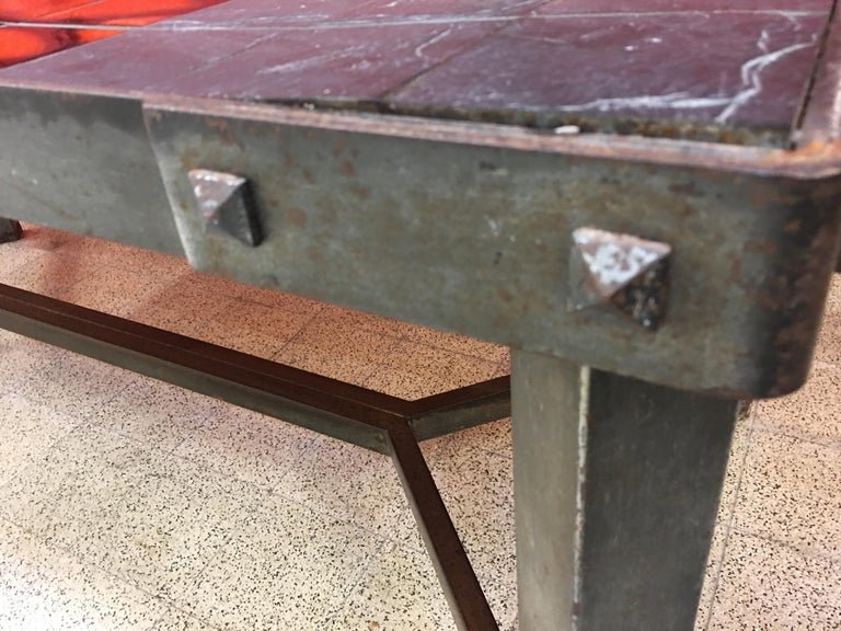 Large 1950 Table In The Taste Of Jacques Adnet, Metal, Slate And Ceramic, Circa 1950-photo-6