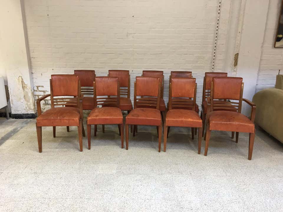Rare Suite Of 9 Chairs And 2 Art Deco Armchairs In Mahogany And Leather Circa 1940-photo-3