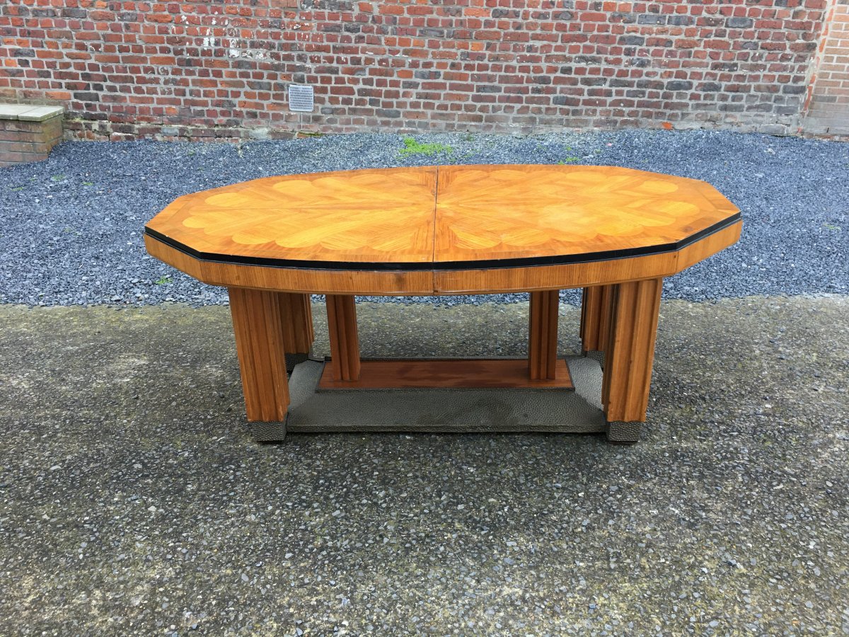 Grande Table De Salle A Manger Art-deco, Decor De Marqueterie Sur La Plateau, Vers 1925/1930-photo-2