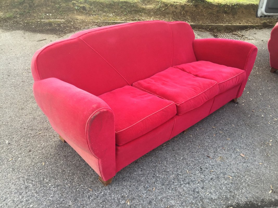 Salon Art Deco En Velours Comprenant 1 Banquette Et 4 Fauteuils Circa 1940/1950-photo-4