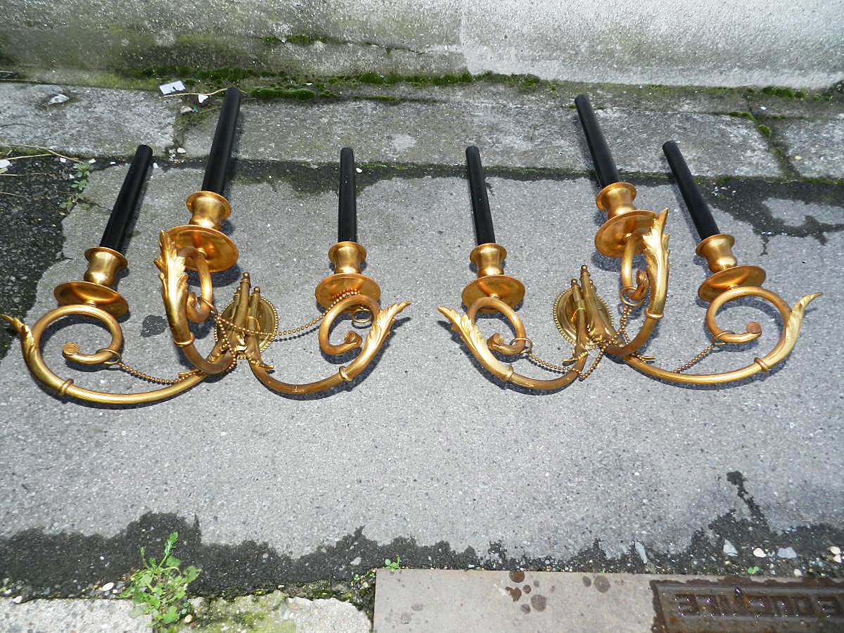 Pair Of Wall Lights Gilt Bronze 3 Lights Neo Classic 1950-photo-4