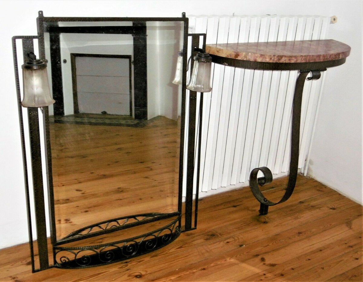 Art Deco Console In Hammered Iron, And Its Circa 1930 Mirror-photo-4