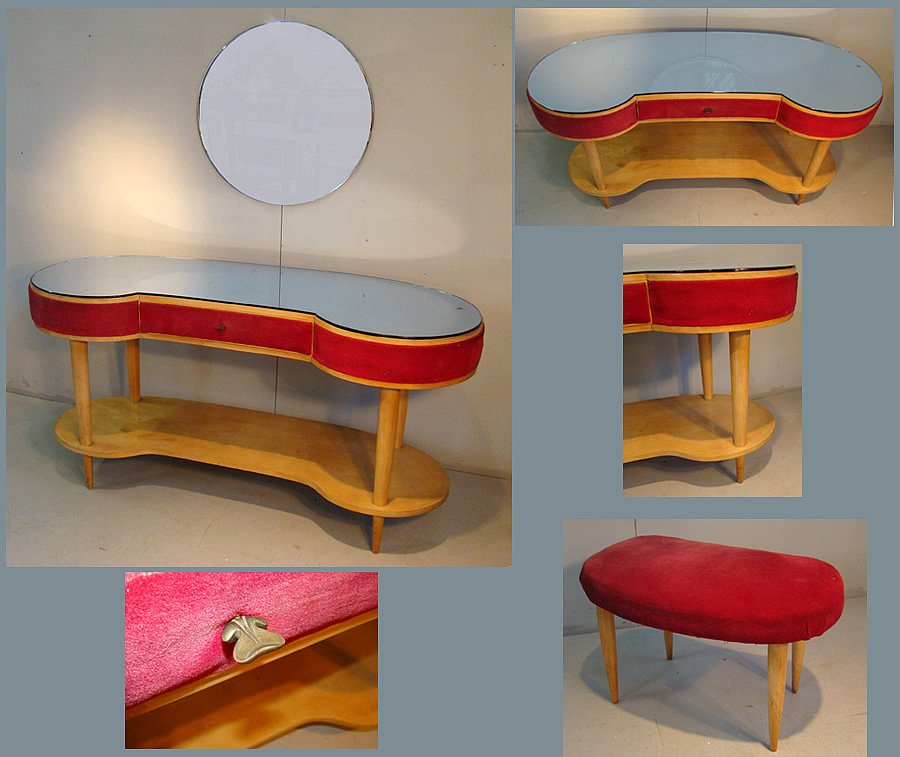 Dressing Table And Its Stool In Sycamore, Velvet And Bluish Mirror, Italy Circa 1950/1960-photo-2