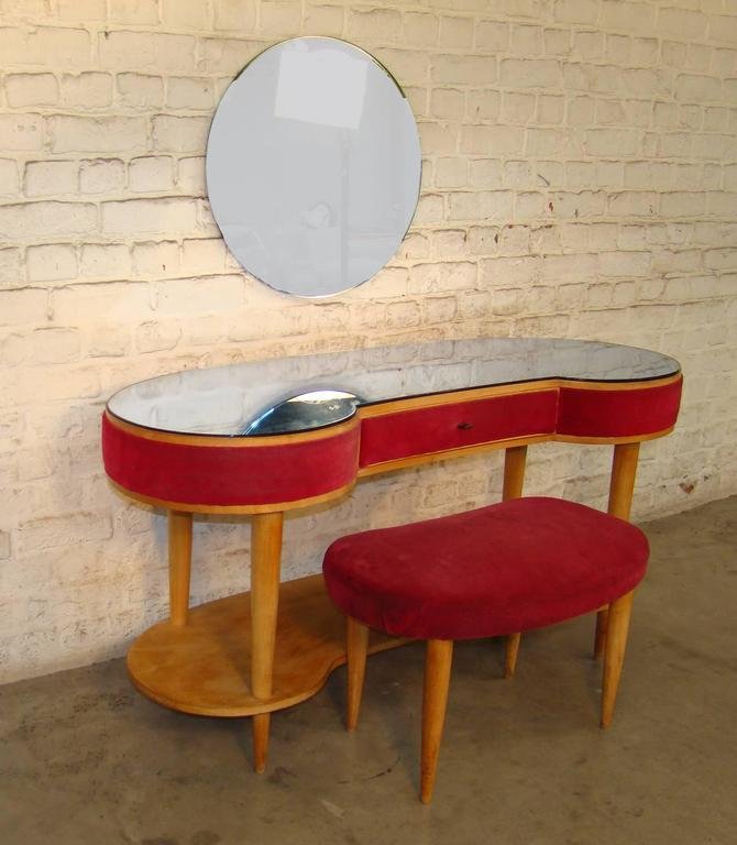 Dressing Table And Its Stool In Sycamore, Velvet And Bluish Mirror, Italy Circa 1950/1960-photo-3