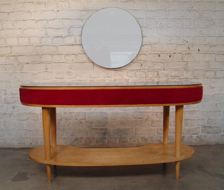 Dressing Table And Its Stool In Sycamore, Velvet And Bluish Mirror, Italy Circa 1950/1960-photo-4