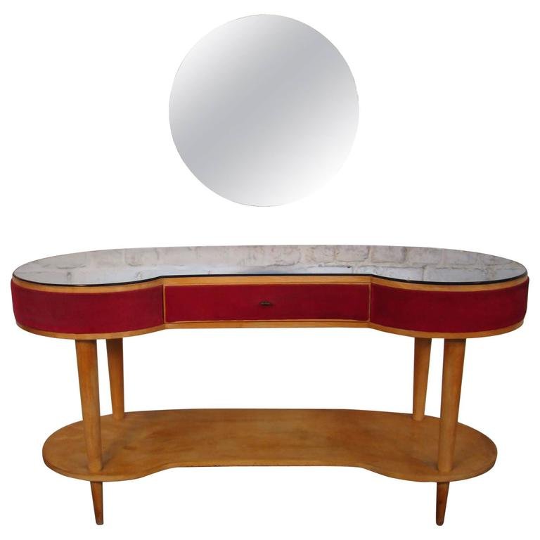 Dressing Table And Its Stool In Sycamore, Velvet And Bluish Mirror, Italy Circa 1950/1960