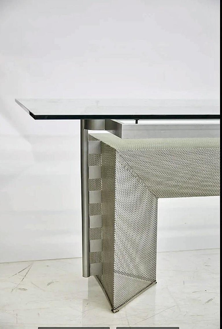 Mario Botta, Grand Bureau ou table modele "Tesi"  En Acier Et Verre Circa 1980-photo-3