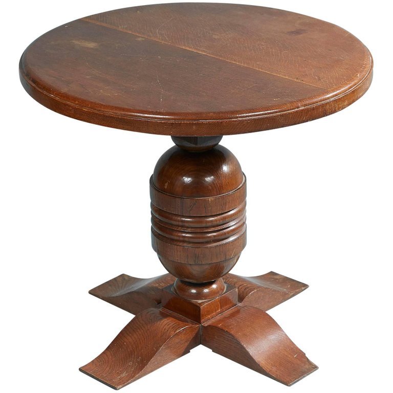 Charles Dudouyt, Art Deco Pedestal Table In Oak, Stamped, Circa 1940