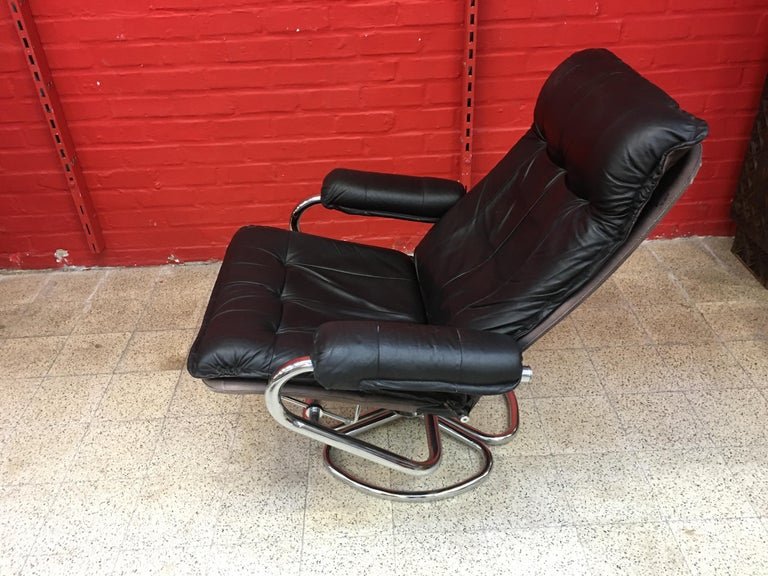 Vintage Armchair And Its Footrest, In Chromed Metal And Leather Circa 1970-photo-2