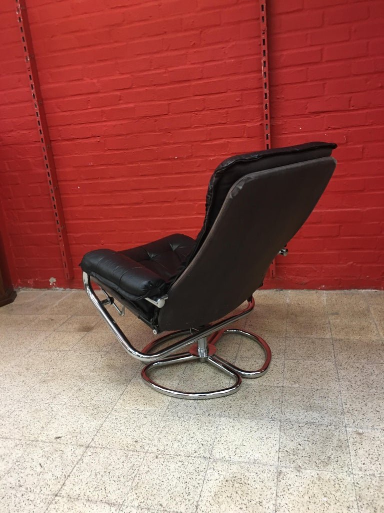 Vintage Armchair And Its Footrest, In Chromed Metal And Leather Circa 1970-photo-3