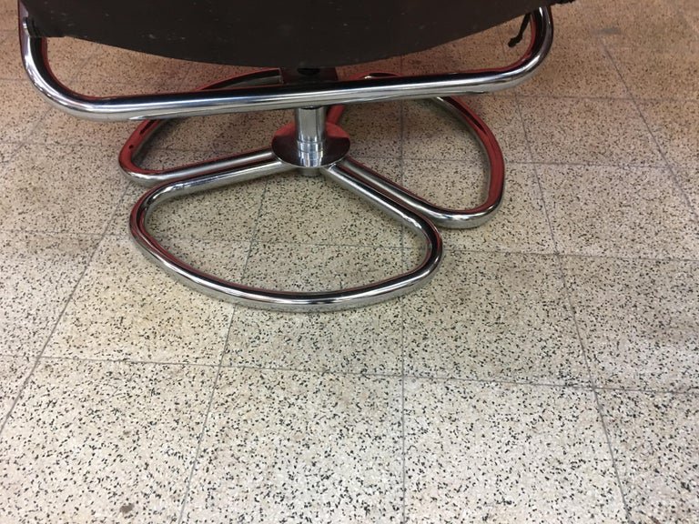 Vintage Armchair And Its Footrest, In Chromed Metal And Leather Circa 1970-photo-4