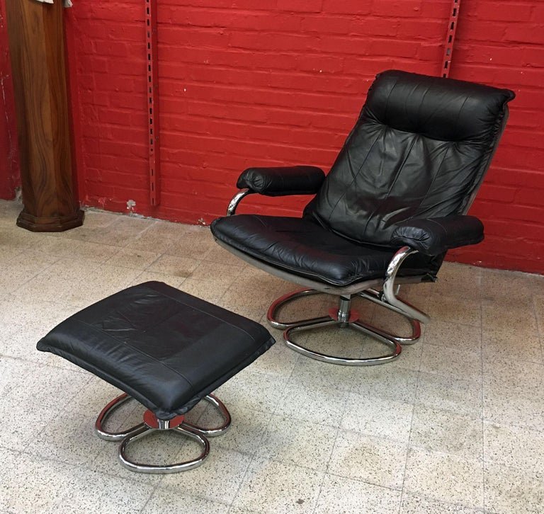 Vintage Armchair And Its Footrest, In Chromed Metal And Leather Circa 1970