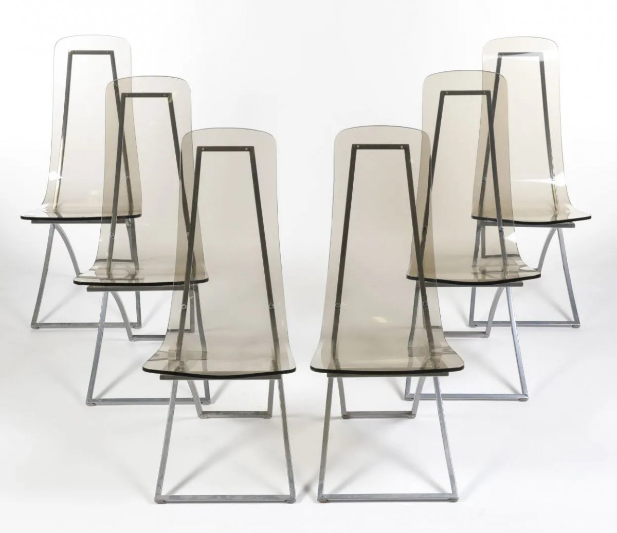 Suite Of 6 Chairs Ch4, Edmond Vernassa, Chromed Metal And Plexiglas, Circa 1970