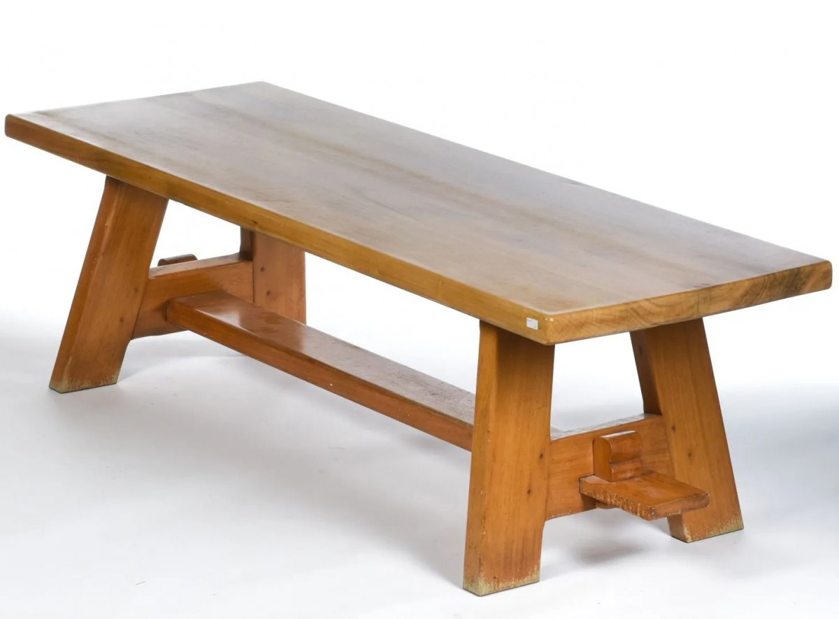 Large Neoclassical Table In Solid Walnut, Circa 1940 In The Style Of Charlotte Perriand-photo-1