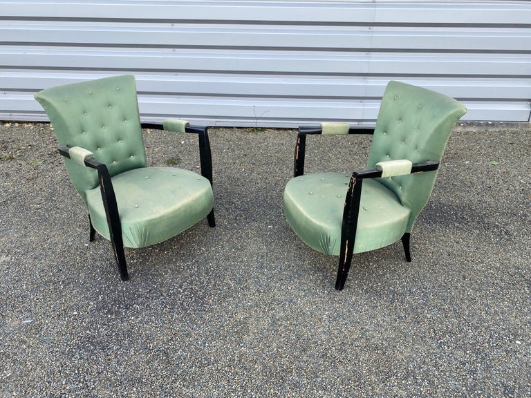 3 Art Deco Low Chairs In Blackened Wood And Satin, Circa 1930/1940-photo-2