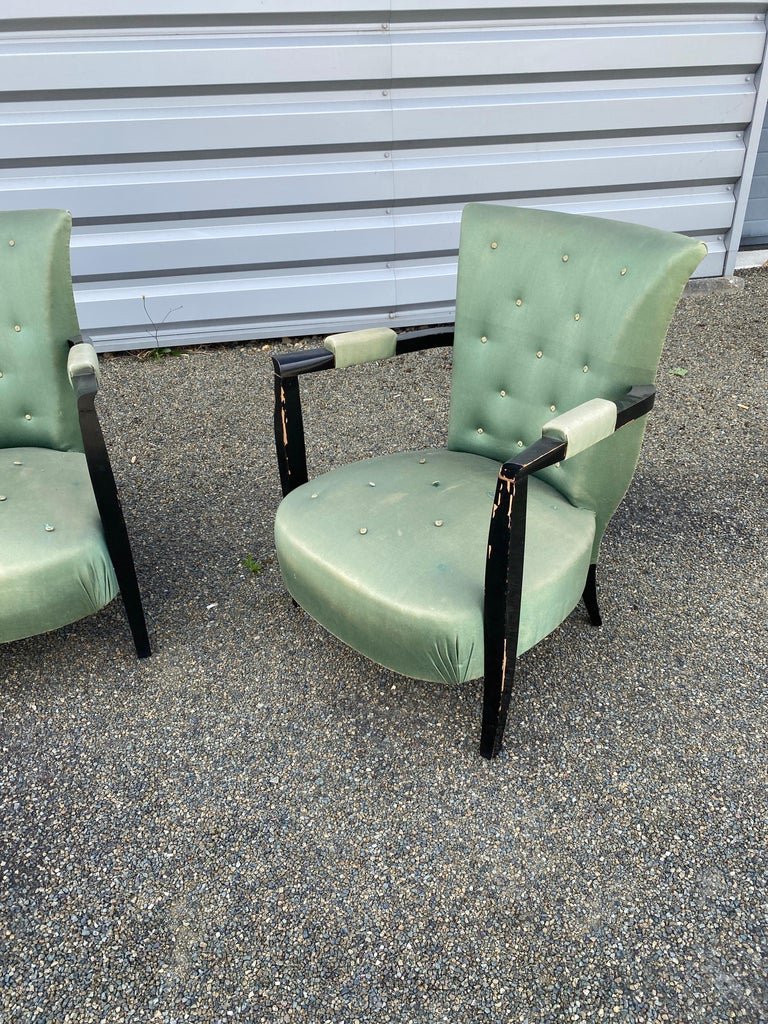 3 Art Deco Low Chairs In Blackened Wood And Satin, Circa 1930/1940-photo-3