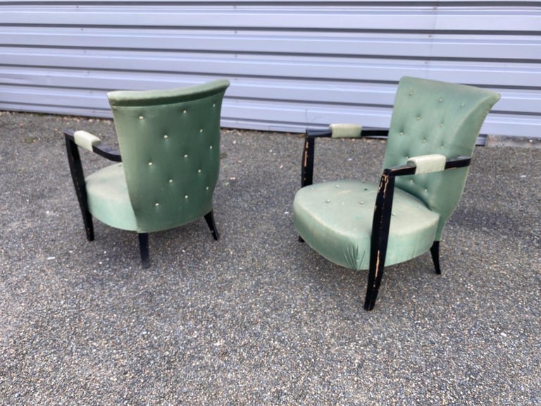 3 Art Deco Low Chairs In Blackened Wood And Satin, Circa 1930/1940-photo-4