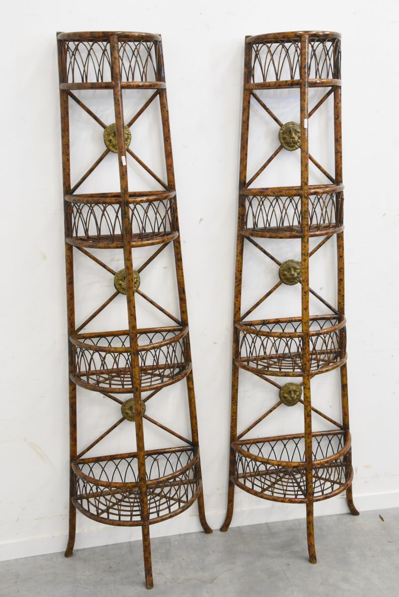 Old Pair Of Bamboo Shelves, Bronze Medallions Circa 1950-photo-2