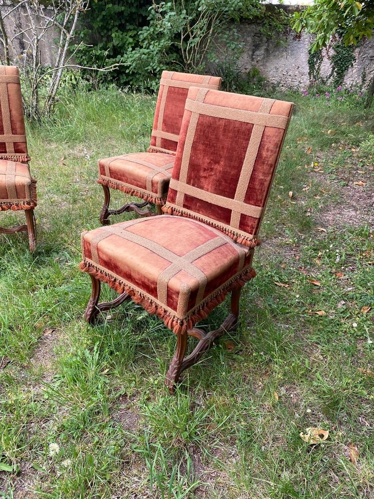 4 Anciennes Chaises De Chateau 19ème , En Noyer De Style Louis XIV  , Assises Larges-photo-3