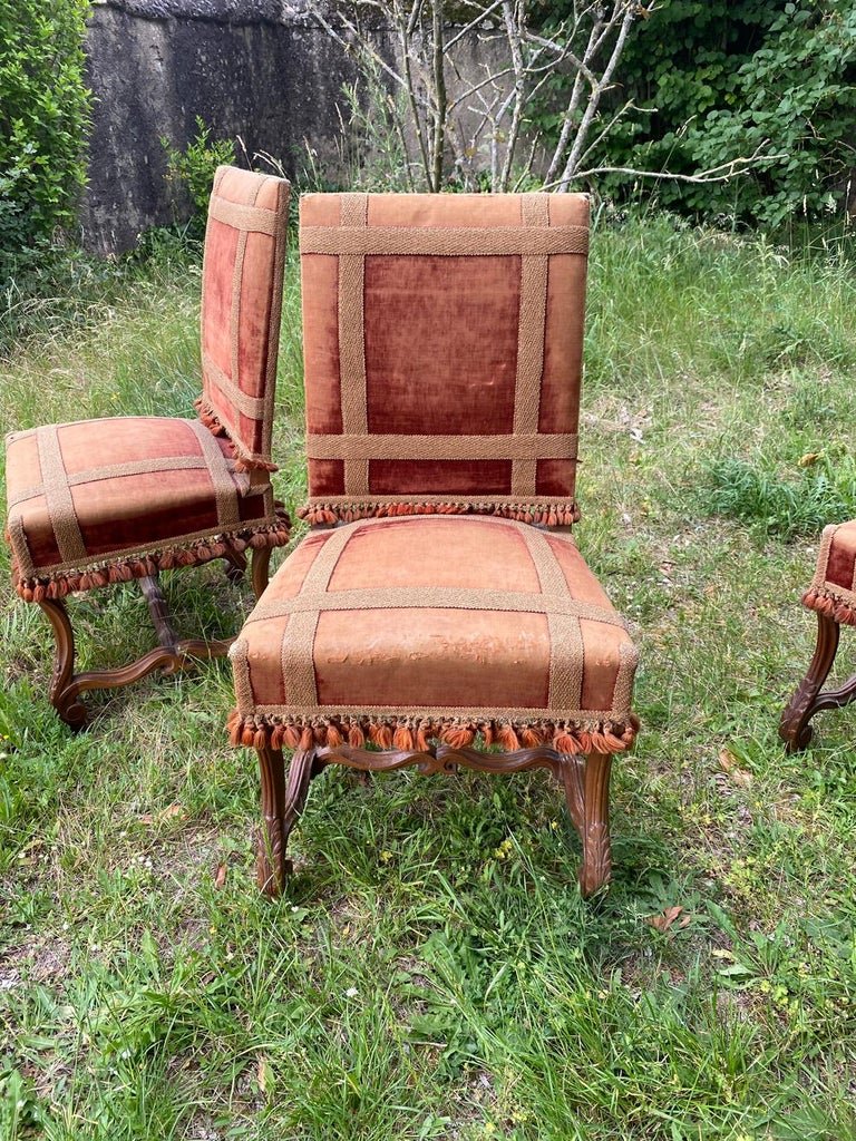 4 Anciennes Chaises De Chateau 19ème , En Noyer De Style Louis XIV  , Assises Larges-photo-4