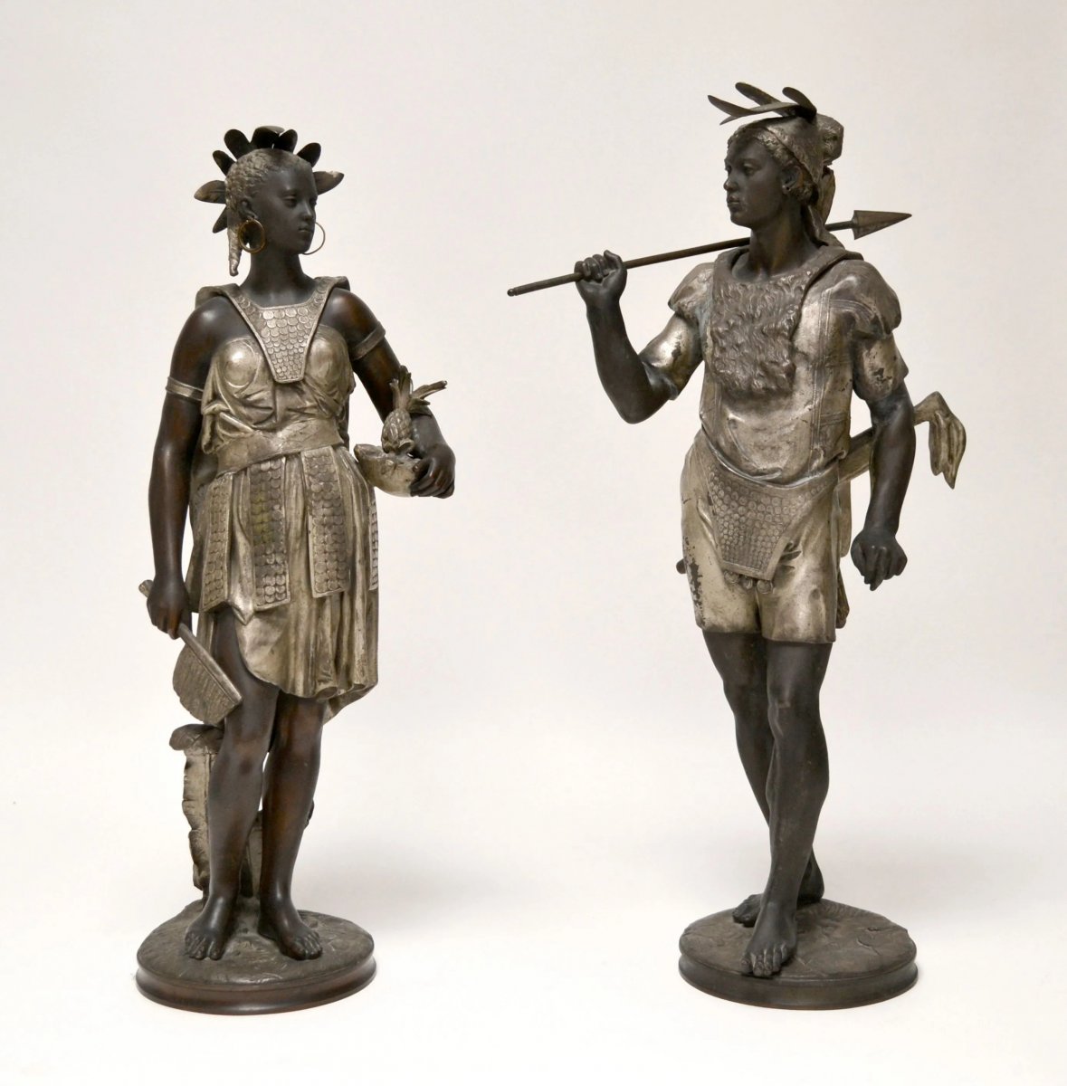 Jean Jules B. Salmson (1823-1902) Couple Of Amerindians; Regulates Black And Silver Patina,-photo-2