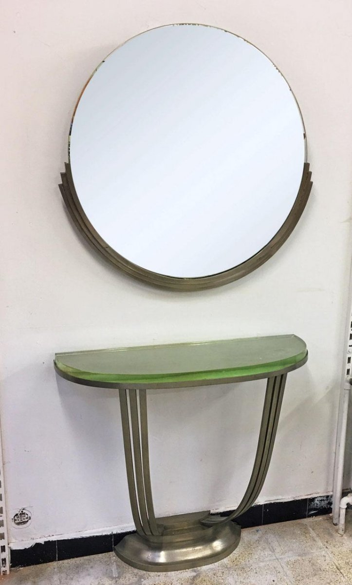 Console And Its Art Deco Mirror In Nickel-plated Bronze Circa 1930-photo-2