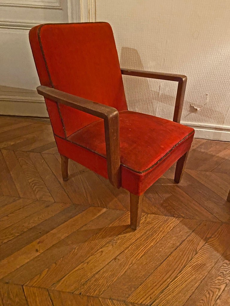 Paire De Fauteuils Art Deco En Chêne Et Velours Circa 1940-photo-3