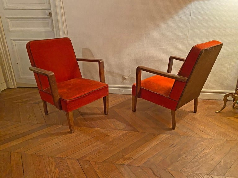 Paire De Fauteuils Art Deco En Chêne Et Velours Circa 1940-photo-1