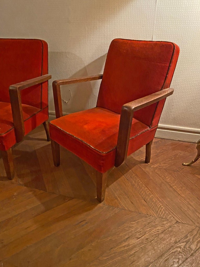 Paire De Fauteuils Art Deco En Chêne Et Velours Circa 1940-photo-6