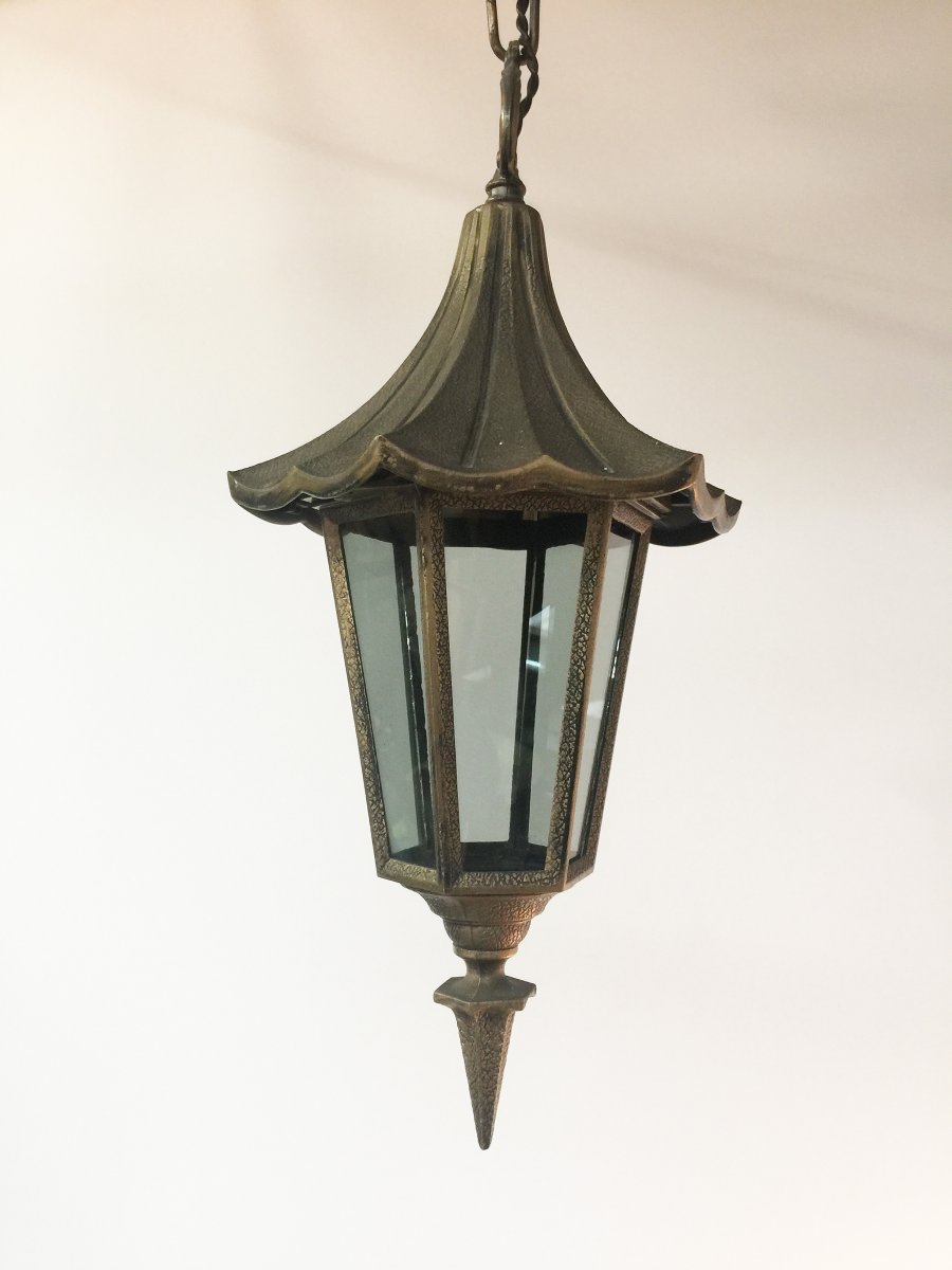 Small Metal Lantern, Pagoda Shape Circa 1950-photo-3