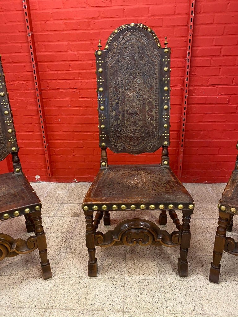 3 Grandes Chaises En Cuir De Cordoue , Espagne XIX Eme, Provenance Chateau  Centre De La France-photo-3