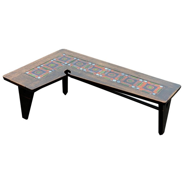 Guillerme And Chambron, Rare Living Room Table In Oak And Ceramic, Circa 1960