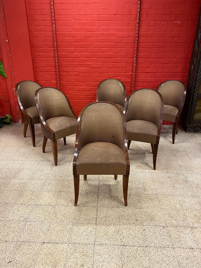 Rare Suite Of 6 Important Art Deco Gondola Chairs In Rosewood Veneer, Circa 1930-photo-1