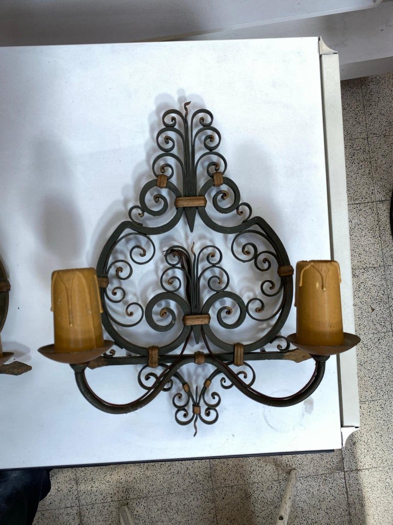 3 Wrought Iron Wall Lights Circa 1950,-photo-3