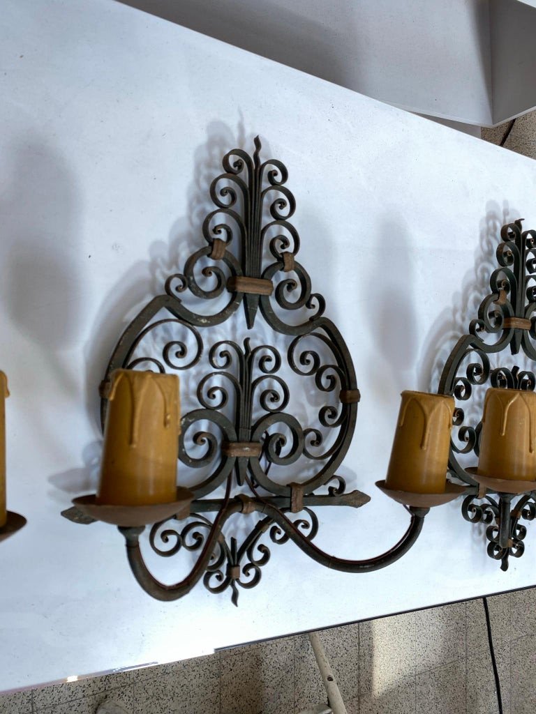 3 Wrought Iron Wall Lights Circa 1950,-photo-2