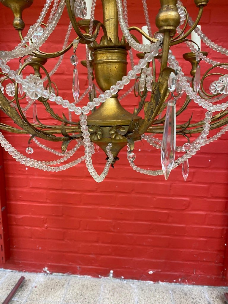 Large Chandelier In Wood And Golden Metal, Pampilles, Neo Classic Style, Circa 1950-photo-4